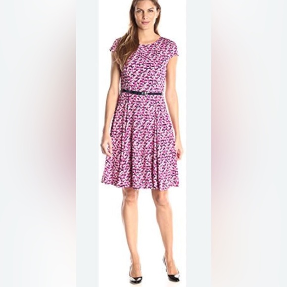 Jessica Howard Dress Pink & Black Geometric Jersey Fit & Flare Cap Sleeves XL - Picture 1 of 11